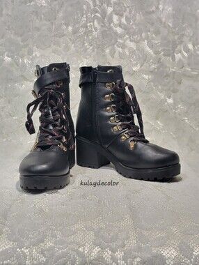 Catherine Malandrino Black Lace Up Combat Boots Side Zip Lug Sole Women's Size 7